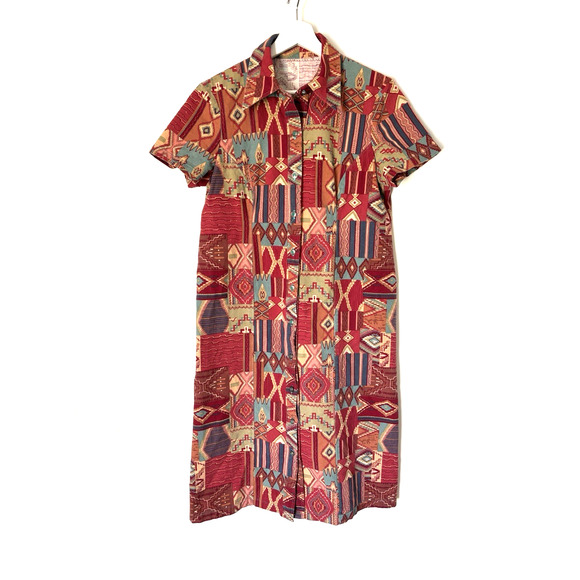 Handmade Dresses & Skirts - Bohemian Western Dress Medium Aztec Print Handmade Button Knee Short Sleeve Red